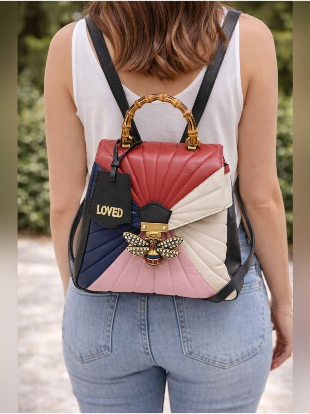 Authentic Gucci Queen Margaret Bamboo Top Handle Bag Multicolor Leather Backpack